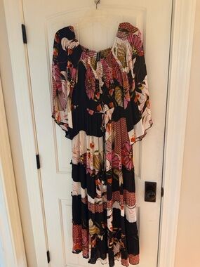 Flowy Bohemian Inspired Floral Maxi Dress in Black and Pink